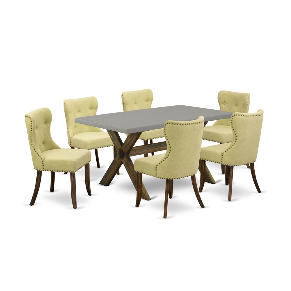 East West Furniture 7-Pc Kitchen Set-Limelight Linen Fabric Seat and Button Tufted Back Parson Chairs and Rectangular Top Living Room Table with Hardwood Legs - Cement and Distressed Jacobean Finish. Picture 1