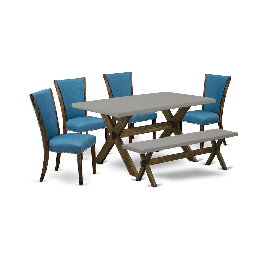 East West Furniture X796VE721-6 6 Piece Dining Room Table Set - 4 Black Linen Fabric Upholstered Dining Chairs with Nailheads and Cement Dining Table - 1 Mid Century Bench - Distressed Jacobean Finish. Picture 1