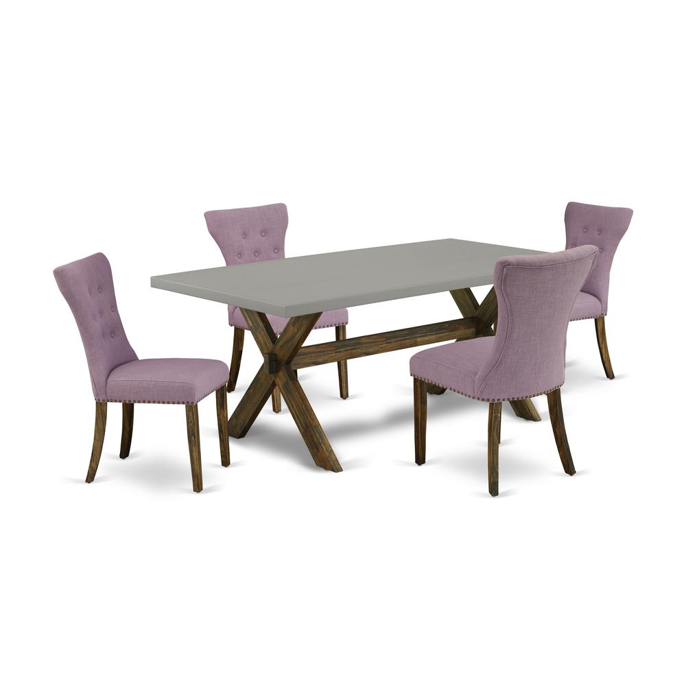 East West Furniture 5-Pc Kitchen Dining Table Set Included 4 Parson Dining chairs Upholstered Seat and High Button Tufted Chair Back and rectangular dining Dining Table with Cement Color Dining Table. Picture 1