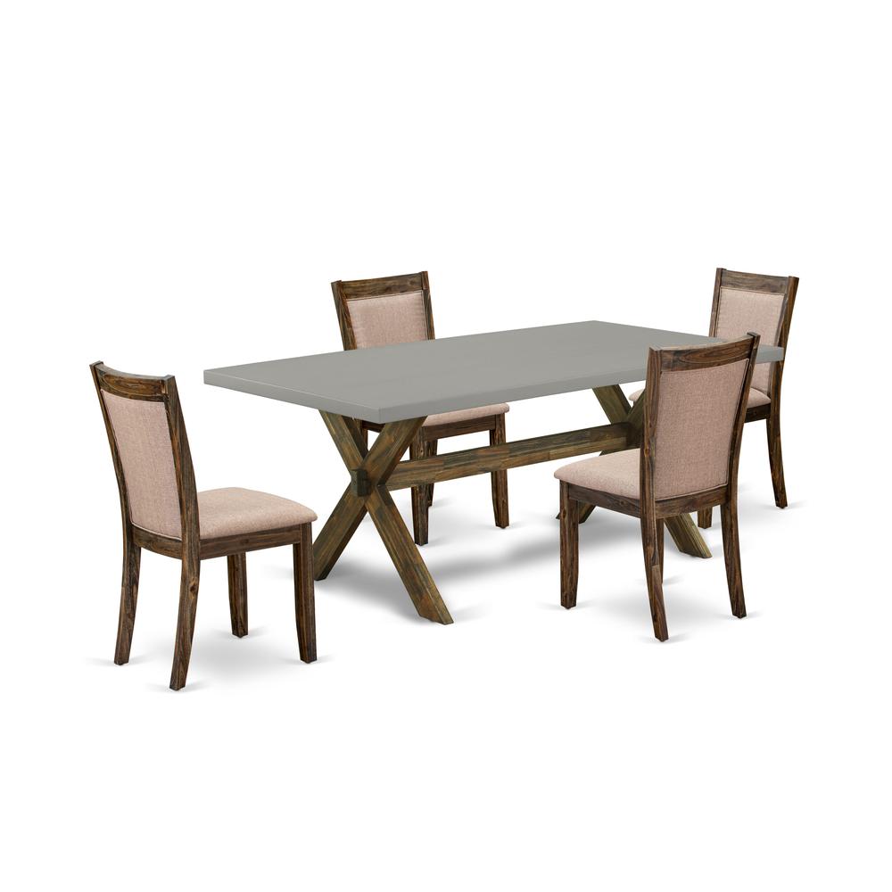 East West Furniture 5 Piece Modern Dinette Set - A Cement Top Rustic Kitchen Table with Trestle Base and 4 Dark Khaki Linen Fabric Dinner Chairs - Distressed Jacobean Finish. Picture 1