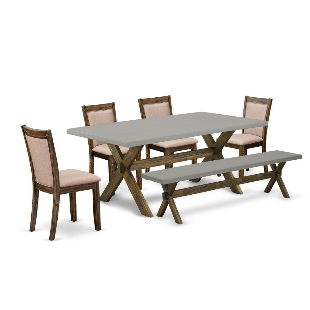 East West Furniture 6 Piece Dinning Set- A Cement Top Dining Table in Trestle Base with Dining Bench and 4 Dark Khaki Linen Fabrics Wooden Dining Chairs - Distressed Jacobean Finish. Picture 1