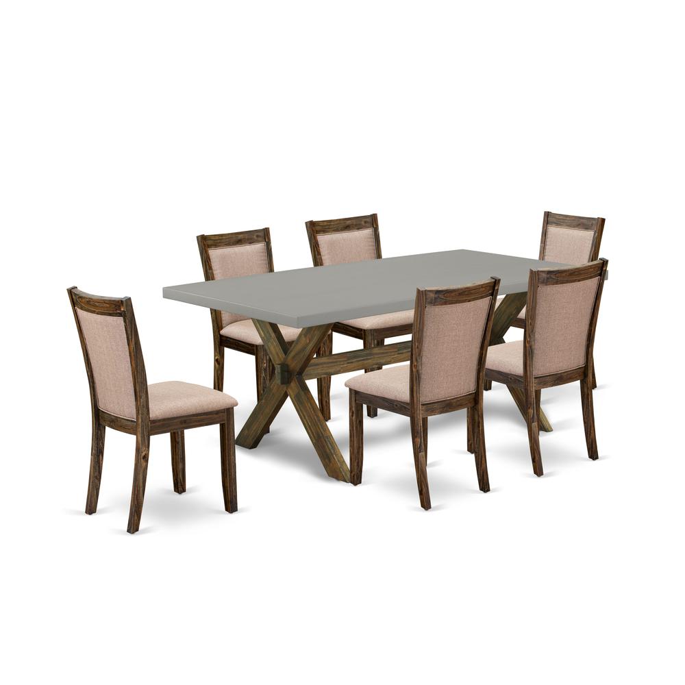East West Furniture 7 Piece Contemporary Dining Table Set - A Cement Top Breakfast Table with Trestle Base and 6 Dark Khaki Linen Fabric Wood Dining Chairs - Distressed Jacobean Finish. Picture 1