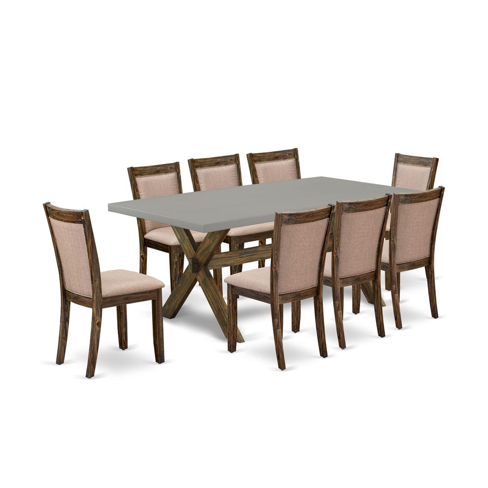 East West Furniture 9 Piece Innovative Dining Set - A Cement Top Kitchen Table with Trestle Base and 8 Dark Khaki Linen Fabric Kitchen & Dining Room Chairs - Distressed Jacobean Finish. Picture 1