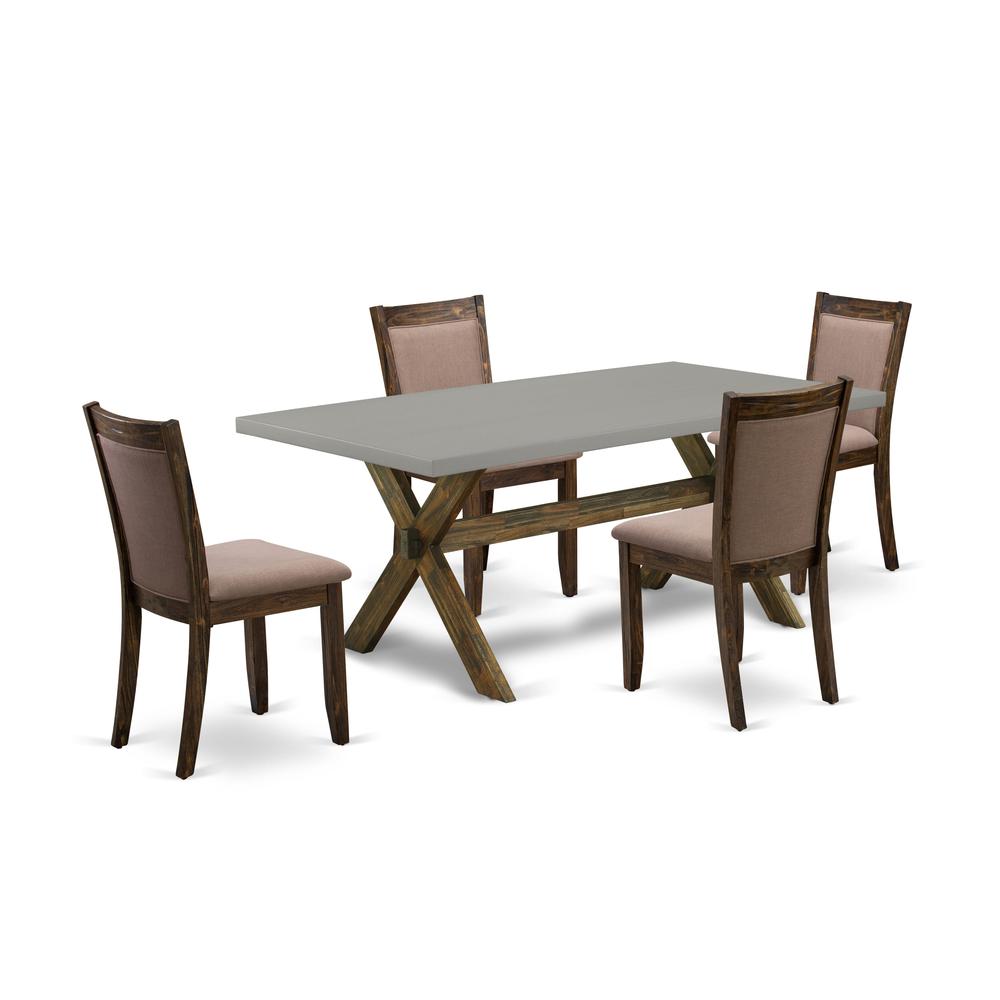 East West Furniture 5 Piece Innovative Dinning Room Set - A Cement Top Wooden Dining Table with Trestle Base and 4 Coffee Linen Fabric Rustic Dining Chairs - Distressed Jacobean Finish. Picture 1
