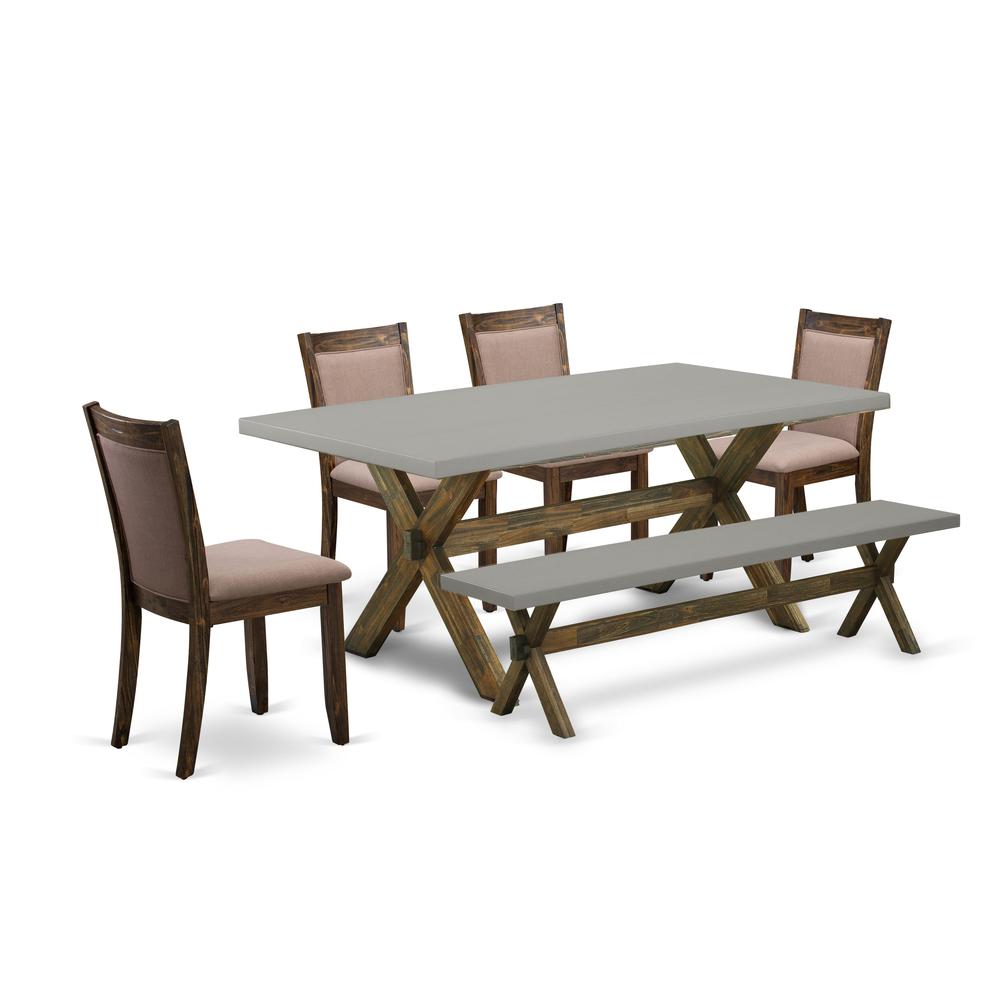 East West Furniture 6 Piece Modern Dining Table Set- A Cement Top Kitchen Table in Trestle Base with Small Wood Bench and 4 Coffee Linen Fabric Dining Chairs - Distressed Jacobean Finish. Picture 1