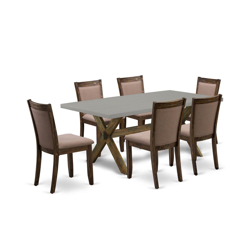 East West Furniture 7 Piece Modern Dinner Table Set - A Cement Top Dining Room Table with Trestle Base and 6 Coffee Linen Fabric Mid Century Dining Chairs - Distressed Jacobean Finish. Picture 1