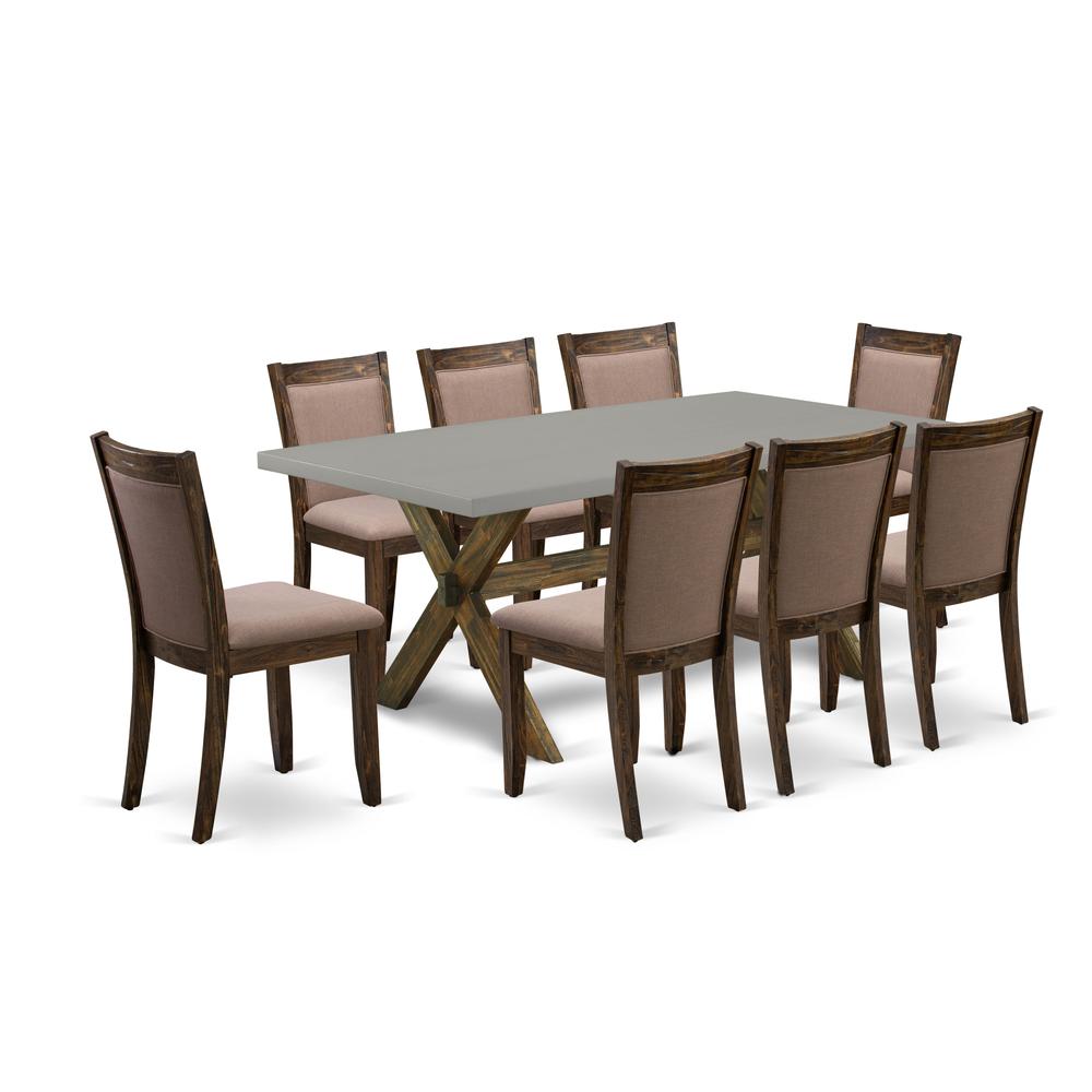 East West Furniture 9 Piece Dining Room Table Set - A Cement Top Wooden Dining Table with Trestle Base and 8 Coffee Linen Fabric Modern Dining Chairs - Distressed Jacobean Finish. Picture 1