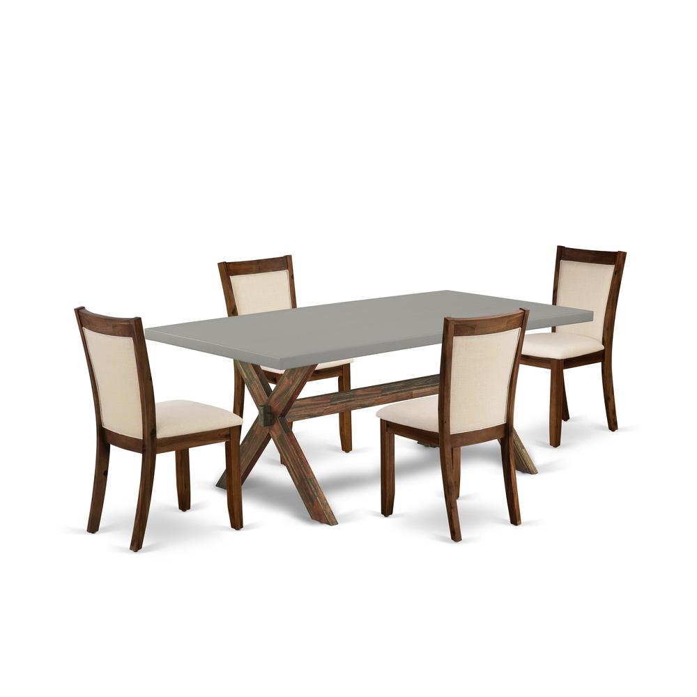East West Furniture 5-Pc Dinner Table Set Consists of a Wood Dining Table and 4 Light Beige Linen Fabric Upholstered Dining Chairs with Stylish Back - Distressed Jacobean Finish. Picture 1