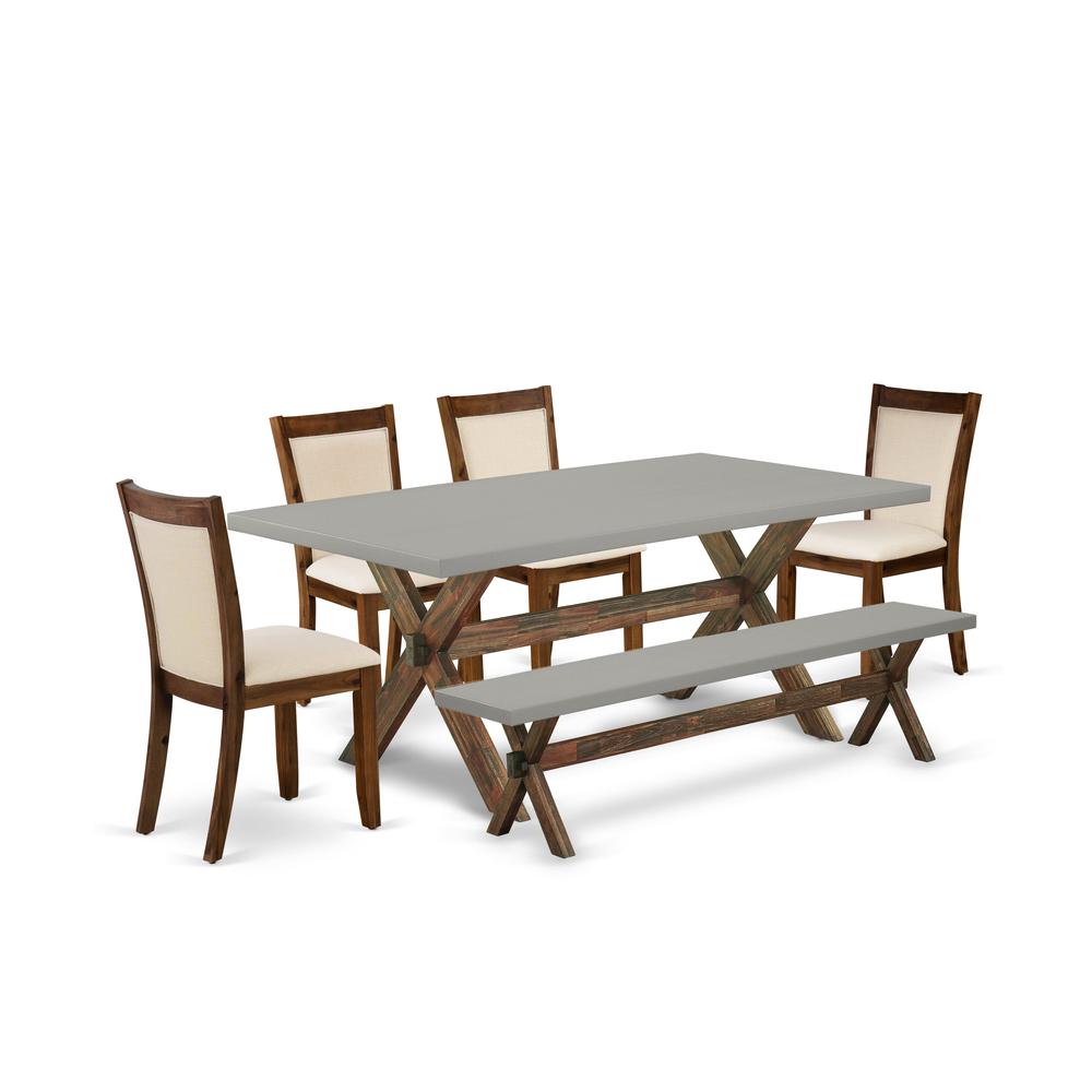 East West Furniture 6-Piece Table Set Contains a Dining Table and a Small Dining Bench with 4 Light Beige Linen Fabric Upholstered Chairs with Stylish Back - Distressed Jacobean Finish. Picture 1