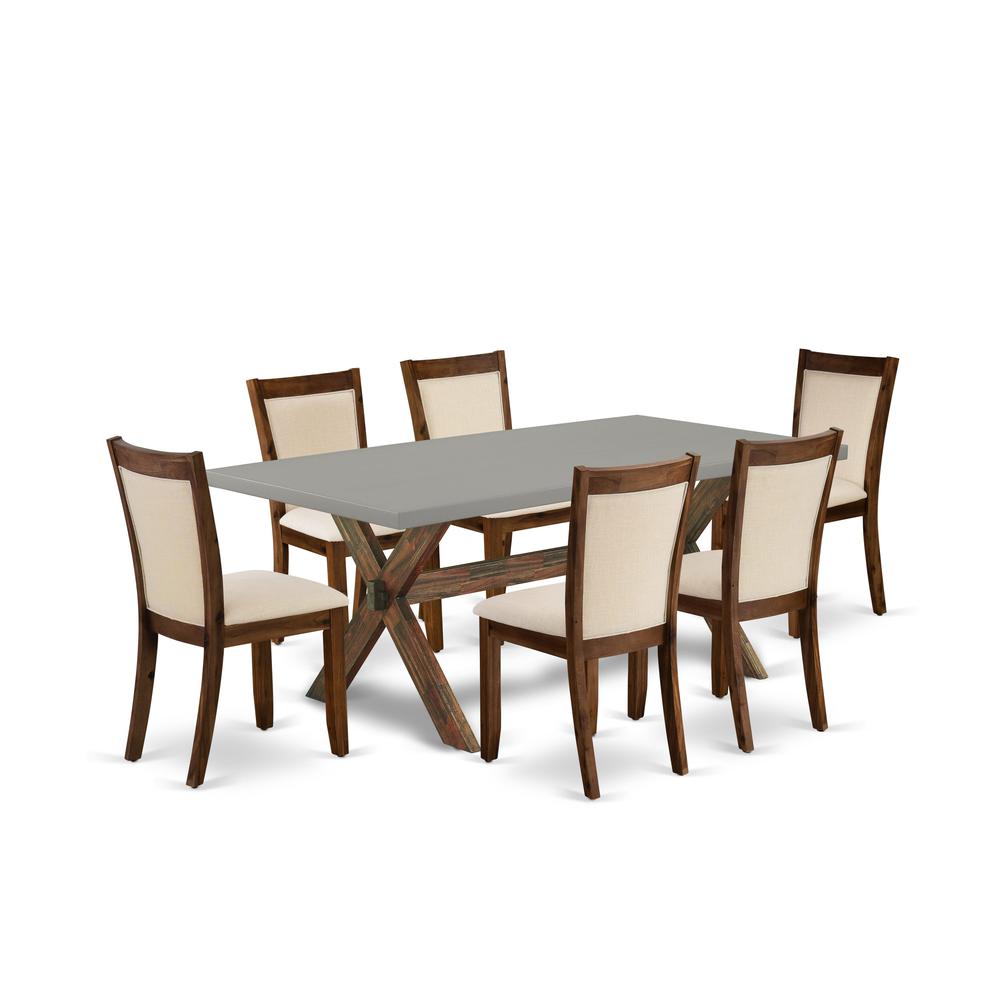 East West Furniture 7-Pc Kitchen Table Set Includes a Dining Table and 6 Light Beige Linen Fabric Dining Room Chairs with Stylish Back - Distressed Jacobean Finish. Picture 1