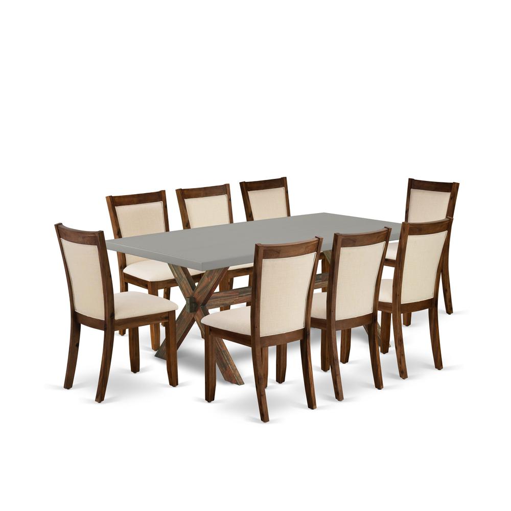East West Furniture 9-Piece Mid Century Dining Table Set Consists of a Wooden Table and 8 Light Beige Linen Fabric Upholstered Dining Chairs with Stylish Back - Distressed Jacobean Finish. Picture 1