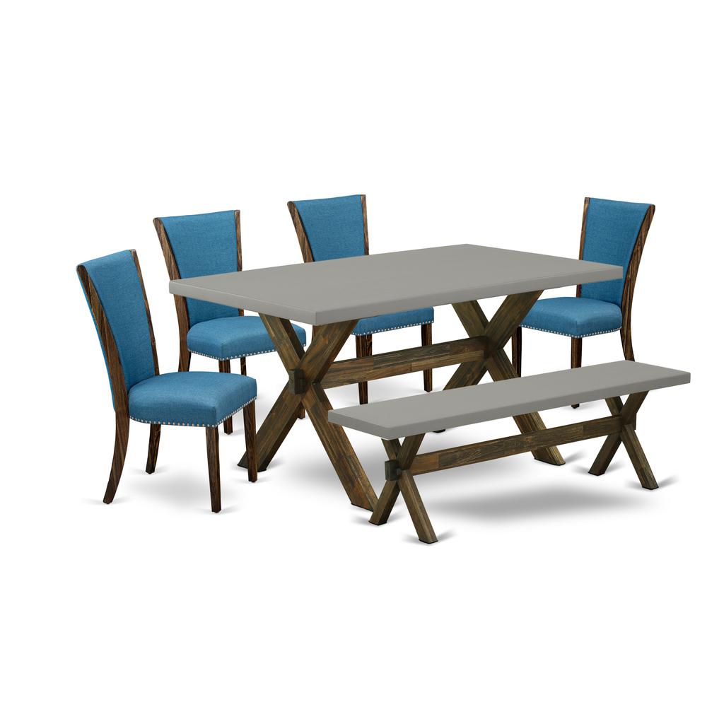 East West Furniture X797VE721-6 6 Piece Mid Century Dining Set - 4 Black Linen Fabric Upholstered Dining Chairs with Nailheads and Cement Dining Table - 1 Small Bench - Distressed Jacobean Finish. Picture 1