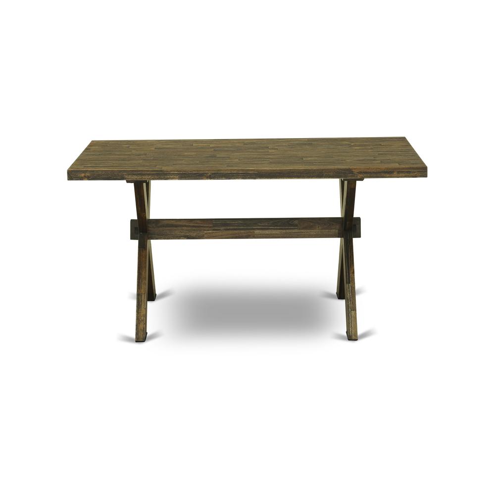 X776MZ716-6 6 Pc Dining Table Set- A Wood Table in Trestle Base with Rustic Bench and 4 Dining Chairs - Distressed Jacobean Finish. Picture 4