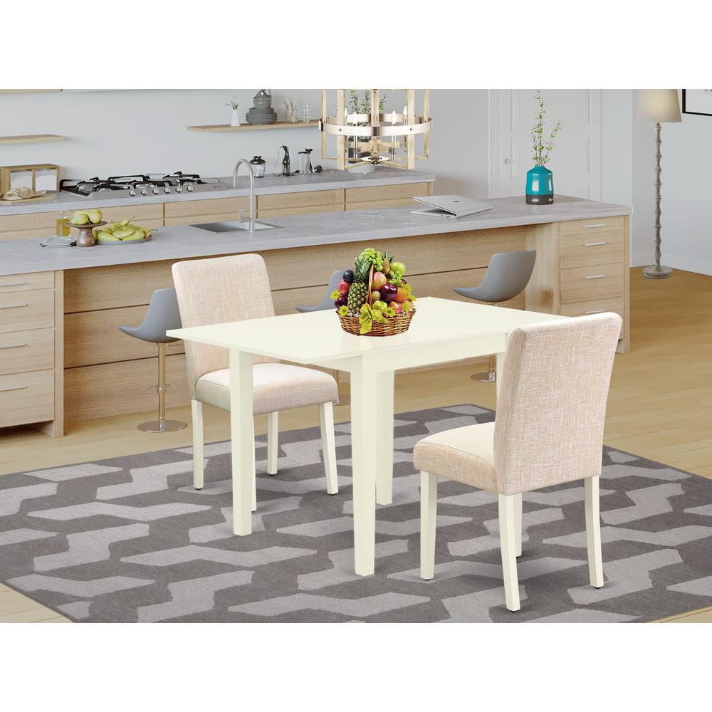 East West Furniture 3-Piece Dining Room Table Set-A Dinning Table and 2 Linen FabricKitchen Chairs with High Back - Linen White Finish. Picture 2