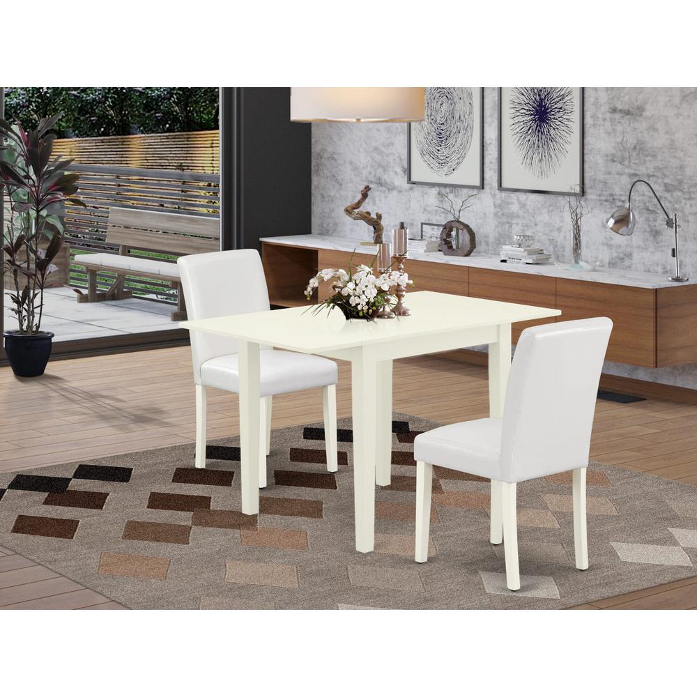 East West Furniture 3-Piece Dining Set-A Wood Table and 2PU Leather Modern Dining Chairs with High Back - Linen White Finish. Picture 2