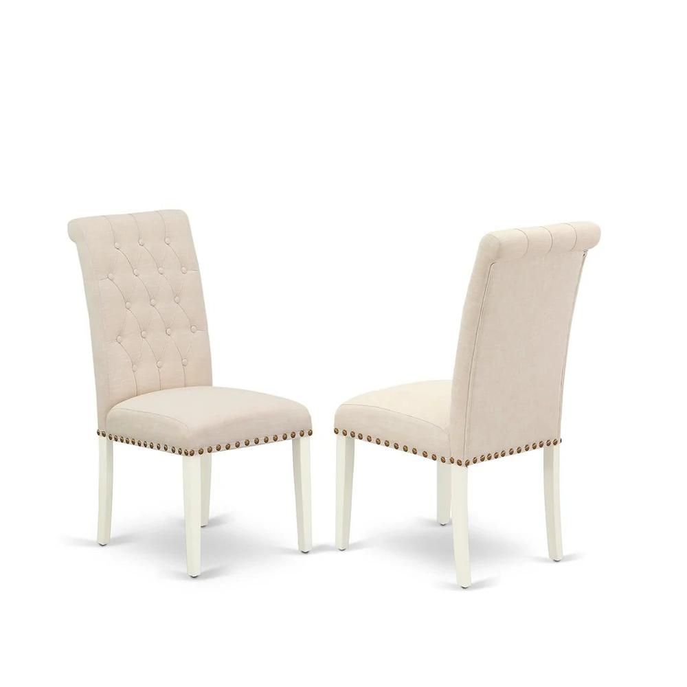 East West Furniture 3-Piece Dining Room Set-A Modern Dining Table and 2Linen FabricDinning Room Chairs with Button Tufted Back - Linen White Finish. Picture 3