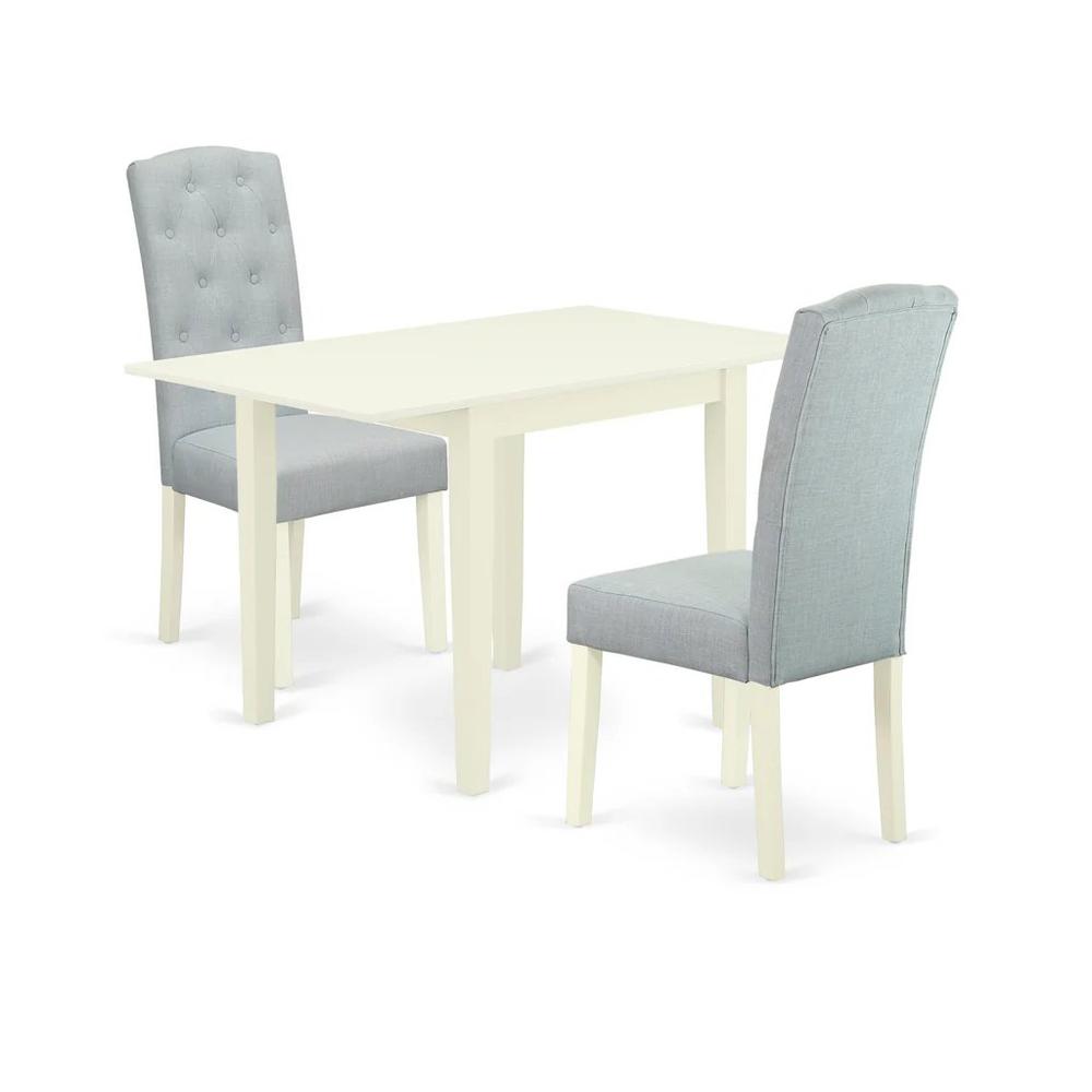 East West Furniture 3-Piece Dining Room Table Set-A Dining Table and 2Linen FabricKitchen Chairs with Button Tufted Back - Linen White Finish. Picture 2