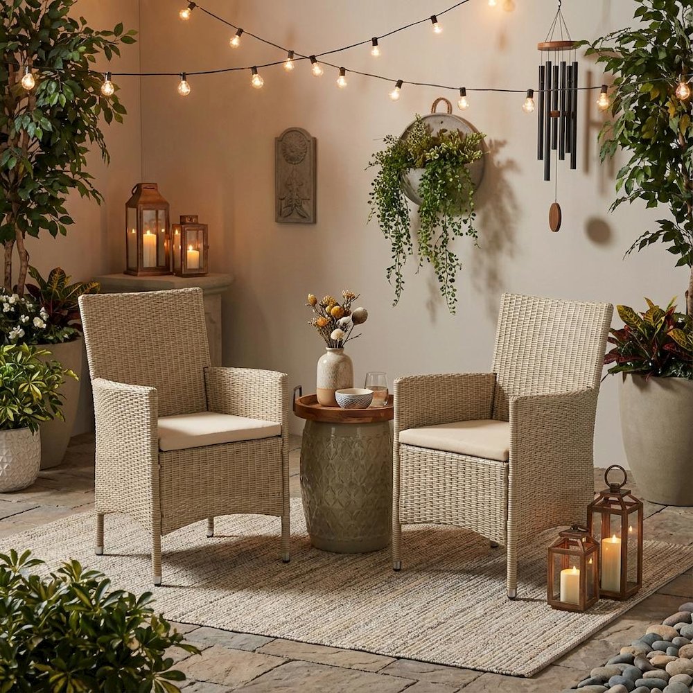 Cream Wicker Patio Chair Set of 2 with Outdoor-Ready Frame, Comfortable Seating. Picture 3