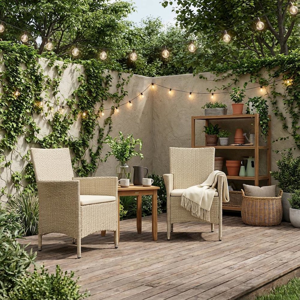 Cream Wicker Patio Chair Set of 2 with Outdoor-Ready Frame, Comfortable Seating. Picture 2