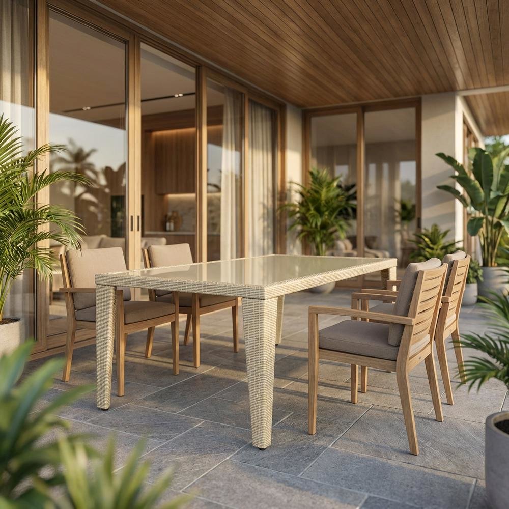 Rectangle PE Wicker Dining Table with Glass Top for Outdoor Patio. Picture 2
