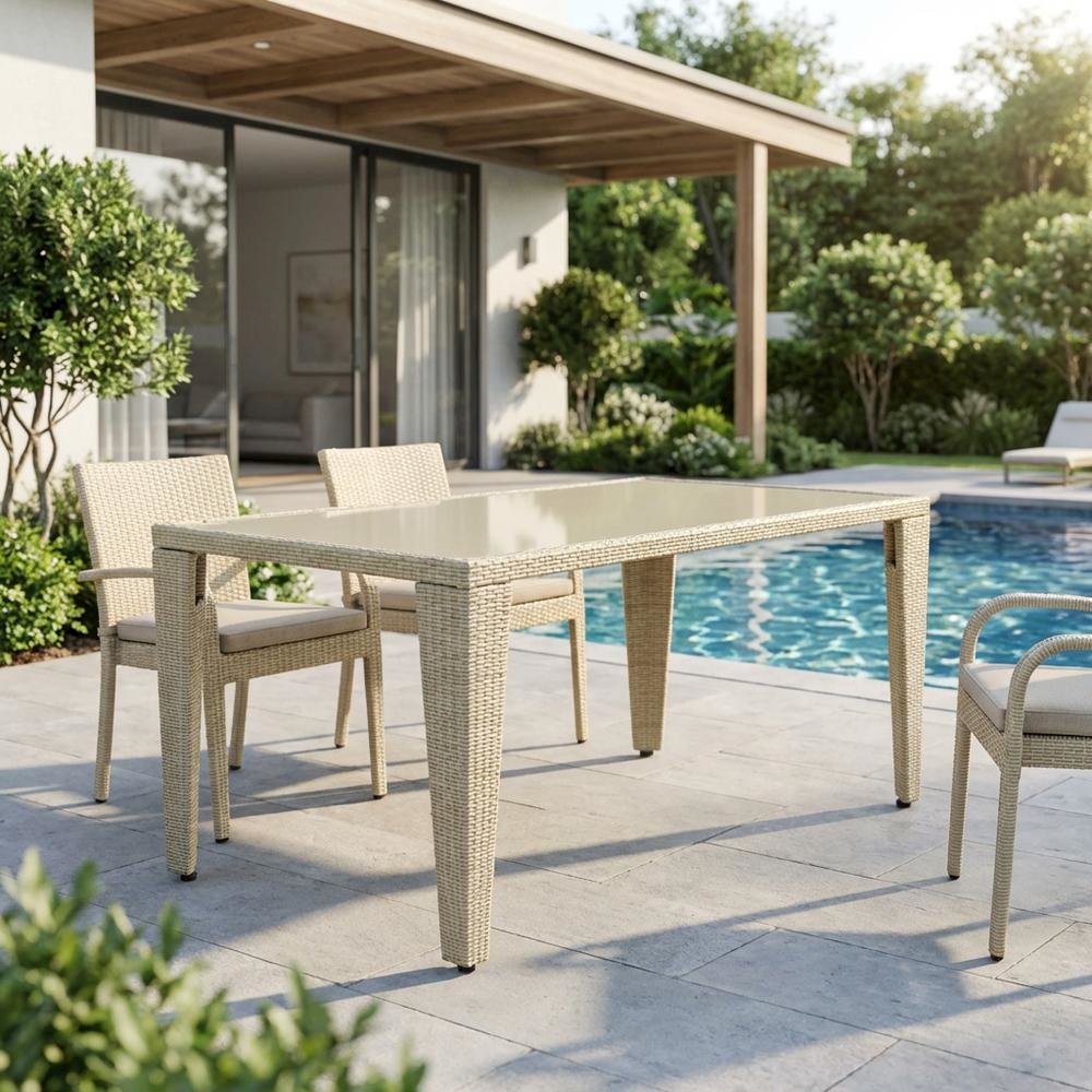 Rectangle PE Wicker Dining Table with Glass Top for Outdoor Patio. Picture 3