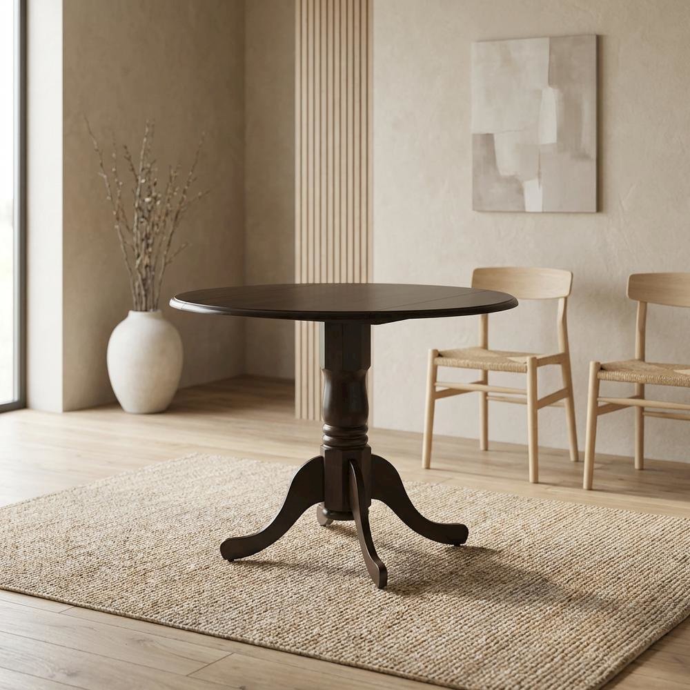 Saddle Brown Drop Leaf Round Table, Pedestal Base, Seats 4. Picture 3