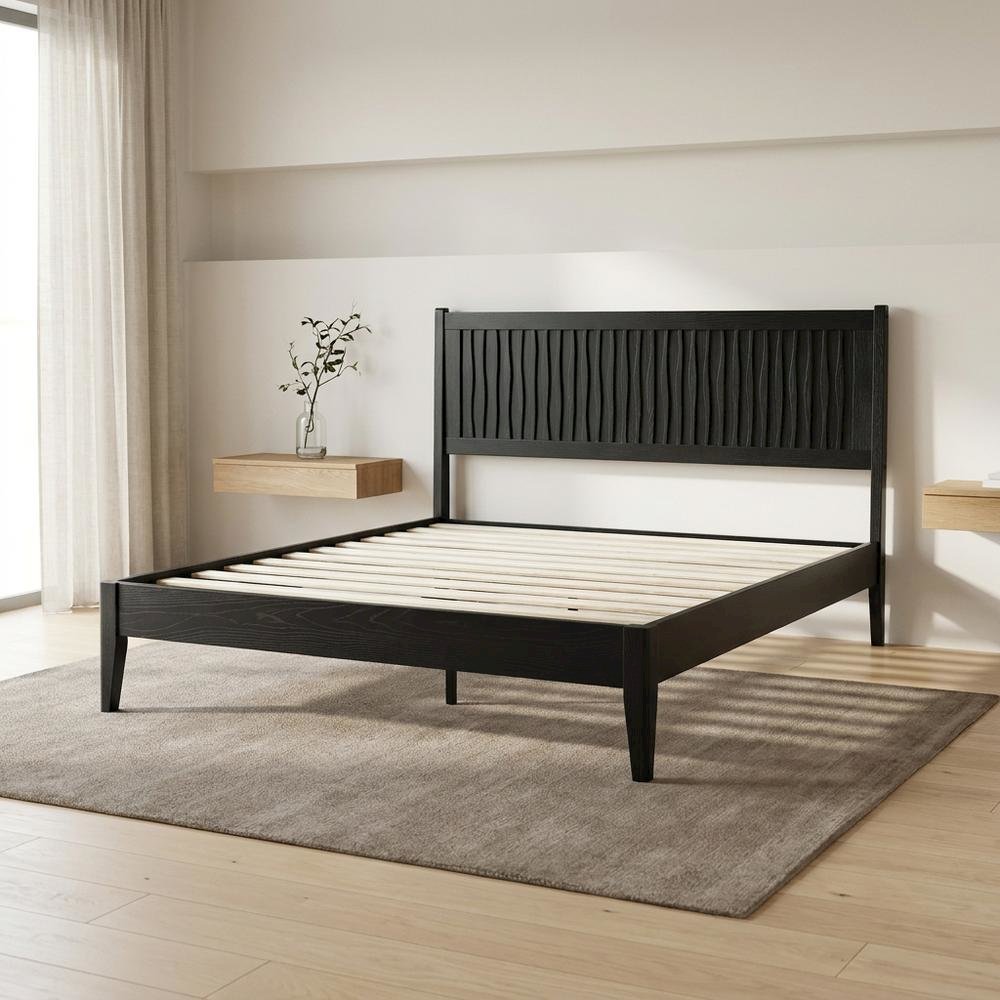 Solid Wood Platform Bed, Headboard & Footboard, No Box Spring, Ebony Oak, King. Picture 3