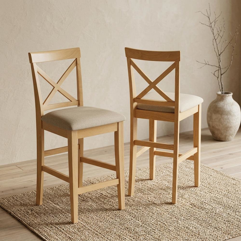 Solid Wood X-Back Counter Stools Set of 2 with Microfiber Seat. Picture 2