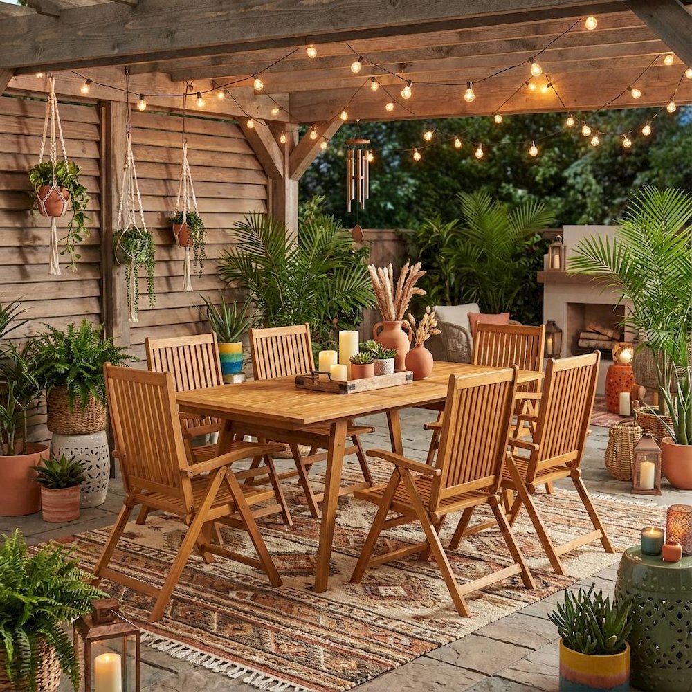 Clear Oil Finish 7-Piece Outdoor Dining Set - Slatted Back Chairs, Coffee Table. Picture 3
