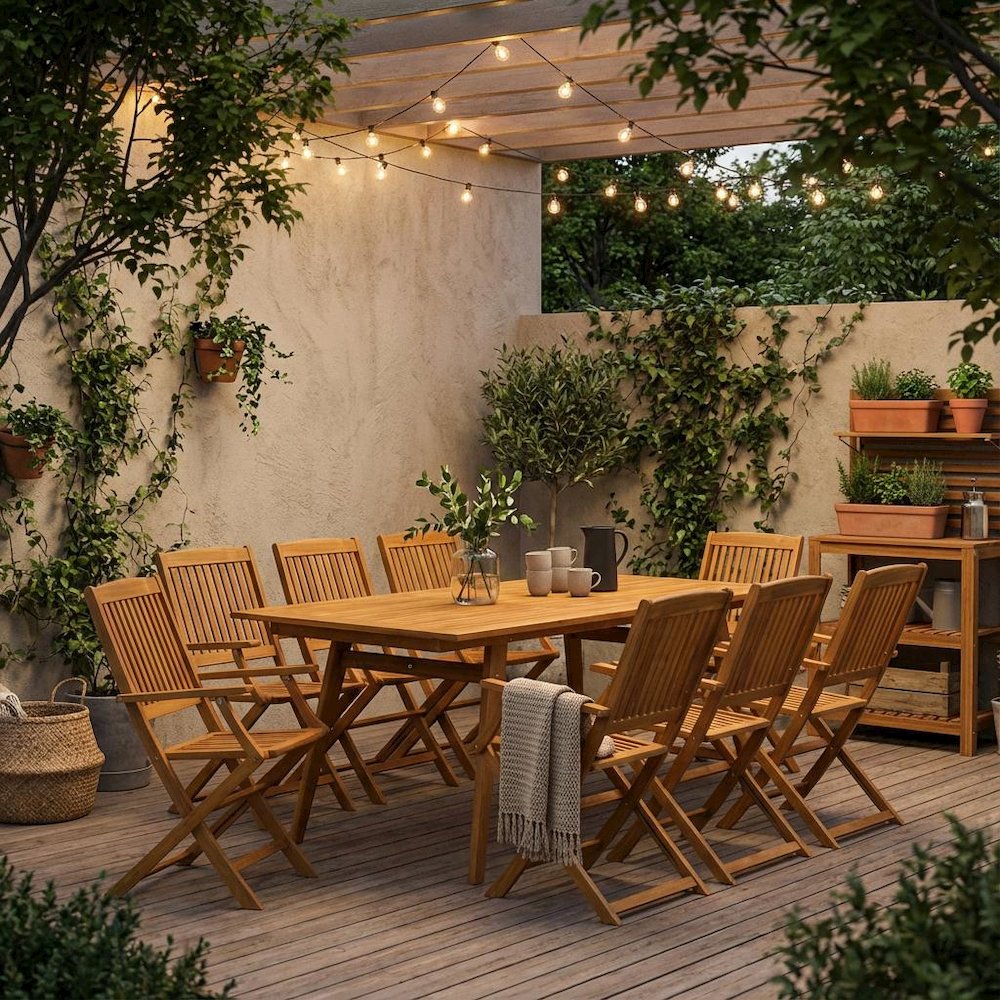 Wood-Tone Oil 9-Piece Patio Set with 8 Armchairs and Rectangle Table Wood Legs. Picture 2
