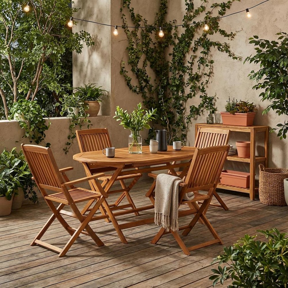 Oil-Finish Wooden Patio Set with Dining Table and 4 Outdoor Chairs. Picture 2