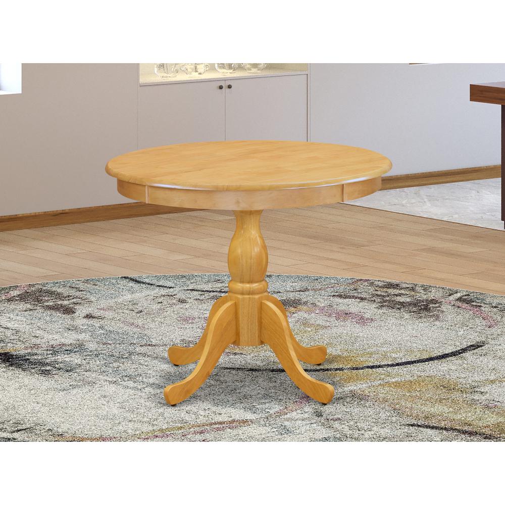 Round Wood Table Oak Color Table Top Surface and Asian Wood Table Pedestal Legs -Oak Finish. Picture 2