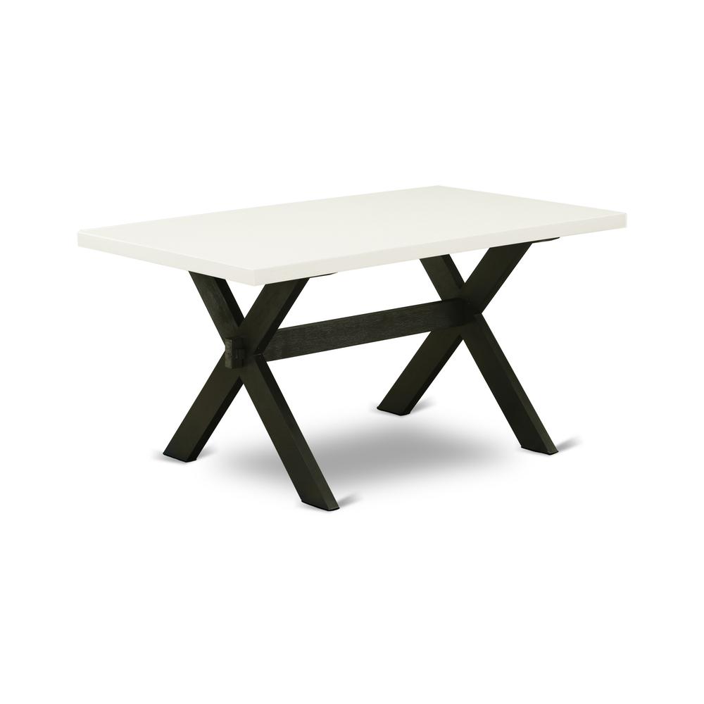 East West Furniture 6-Pc Dining room Table Set-Dark Gotham Grey Linen Fabric Seat and Button Tufted Chair Back Kitchen chairs, A Rectangular Bench and Rectangular Top Wood Kitchen Table with Wooden Le. Picture 2
