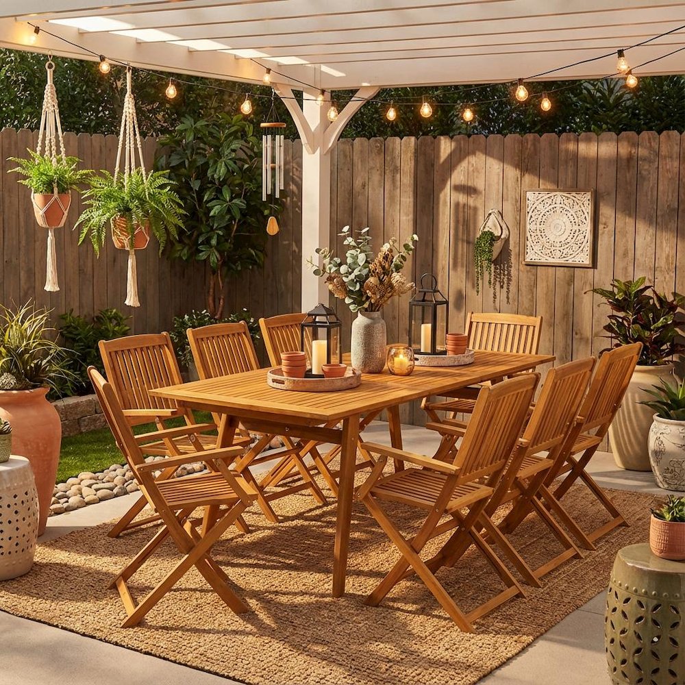 Wood-Tone Oil 9-Piece Patio Set with 8 Armchairs and Rectangle Table Wood Legs. Picture 3