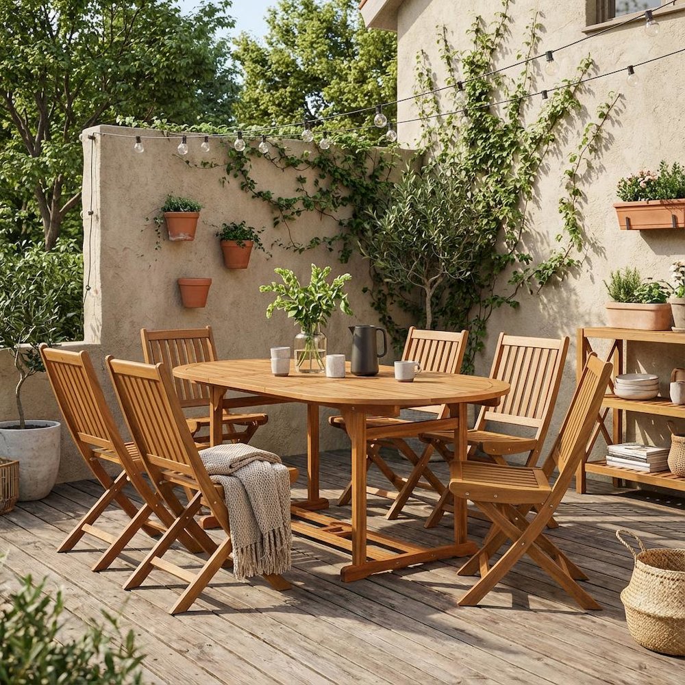 7-Pc Outdoor Set, Oil Finish with 6 Slatted Back Chairs and Round Coffee Table. Picture 2