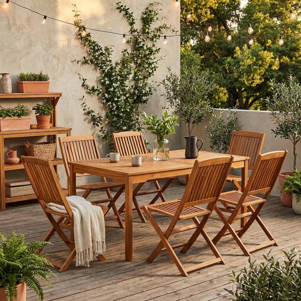 Wooden Patio Set Warm Oil Dining Table with 6 Outdoor Chairs. Picture 2