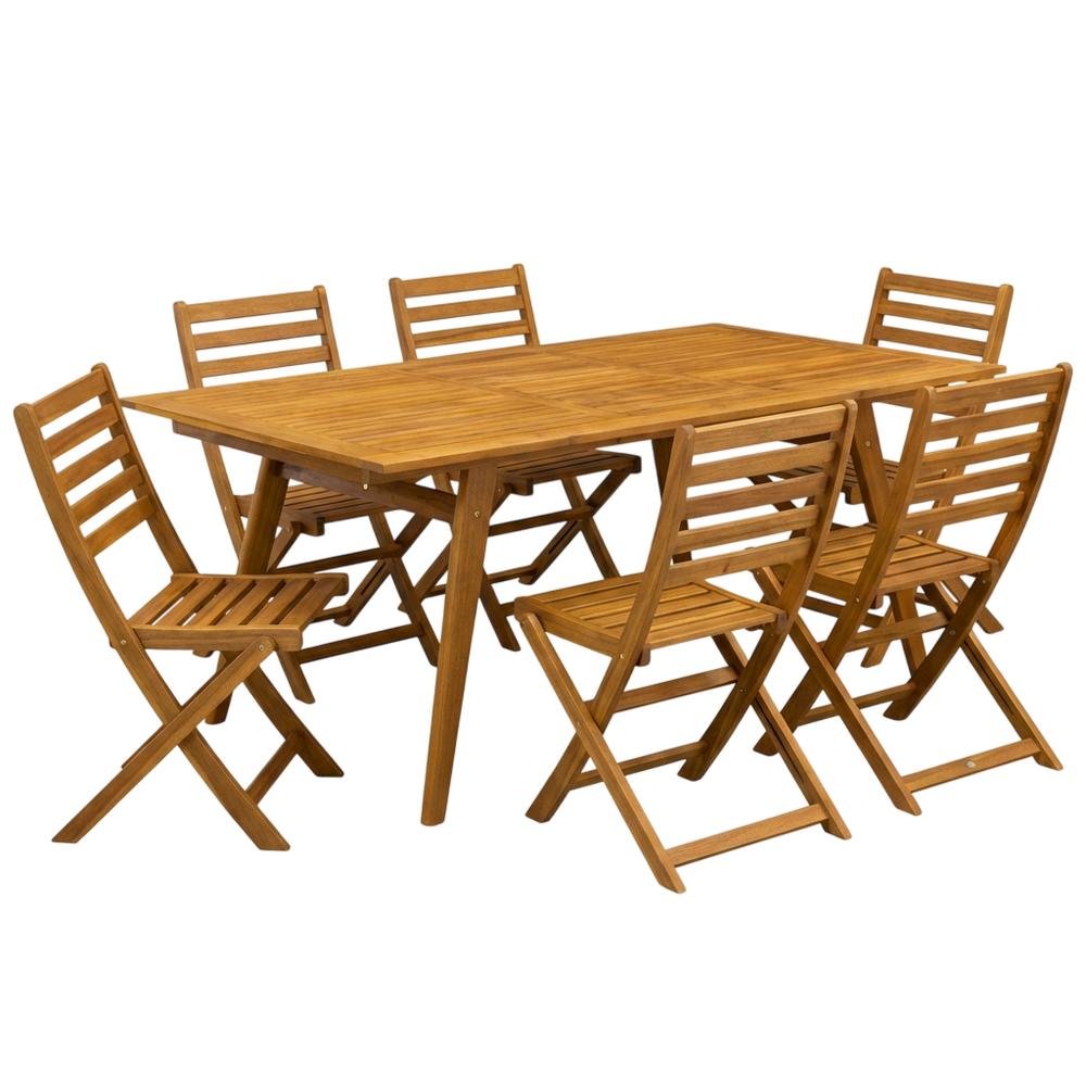 7-Piece Oil Finish Dining Set with Foldable Chairs and Outdoor Coffee Table. Picture 1