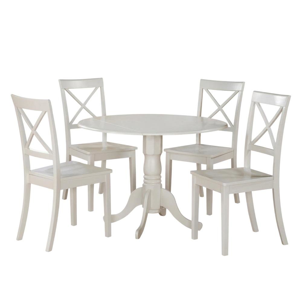Solid Wood Round Kitchen Table 5-Piece, Drop Leaf, 4 Chairs, Linen White. Picture 4