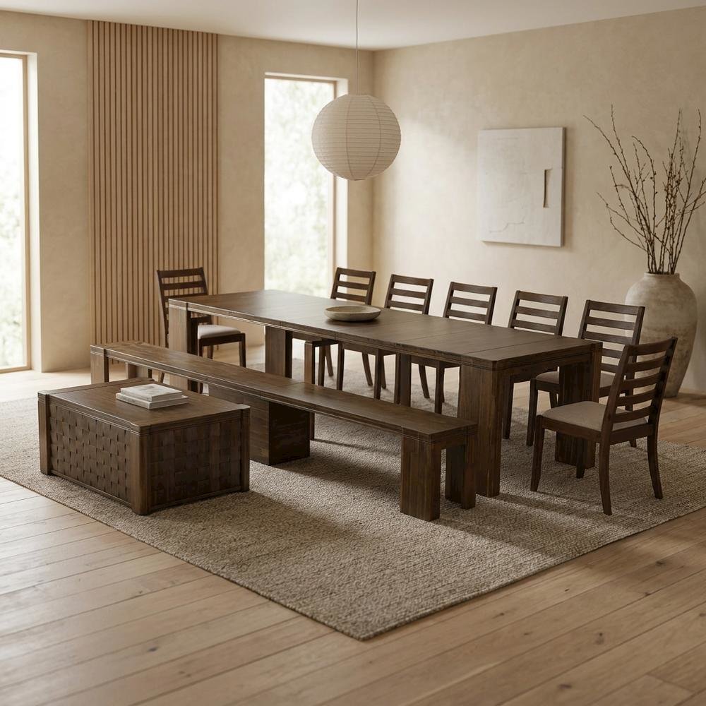 Solid Wood Extendable Dining 10-Piece, Chairs, Bench & Coffee, Antique Walnut. Picture 2