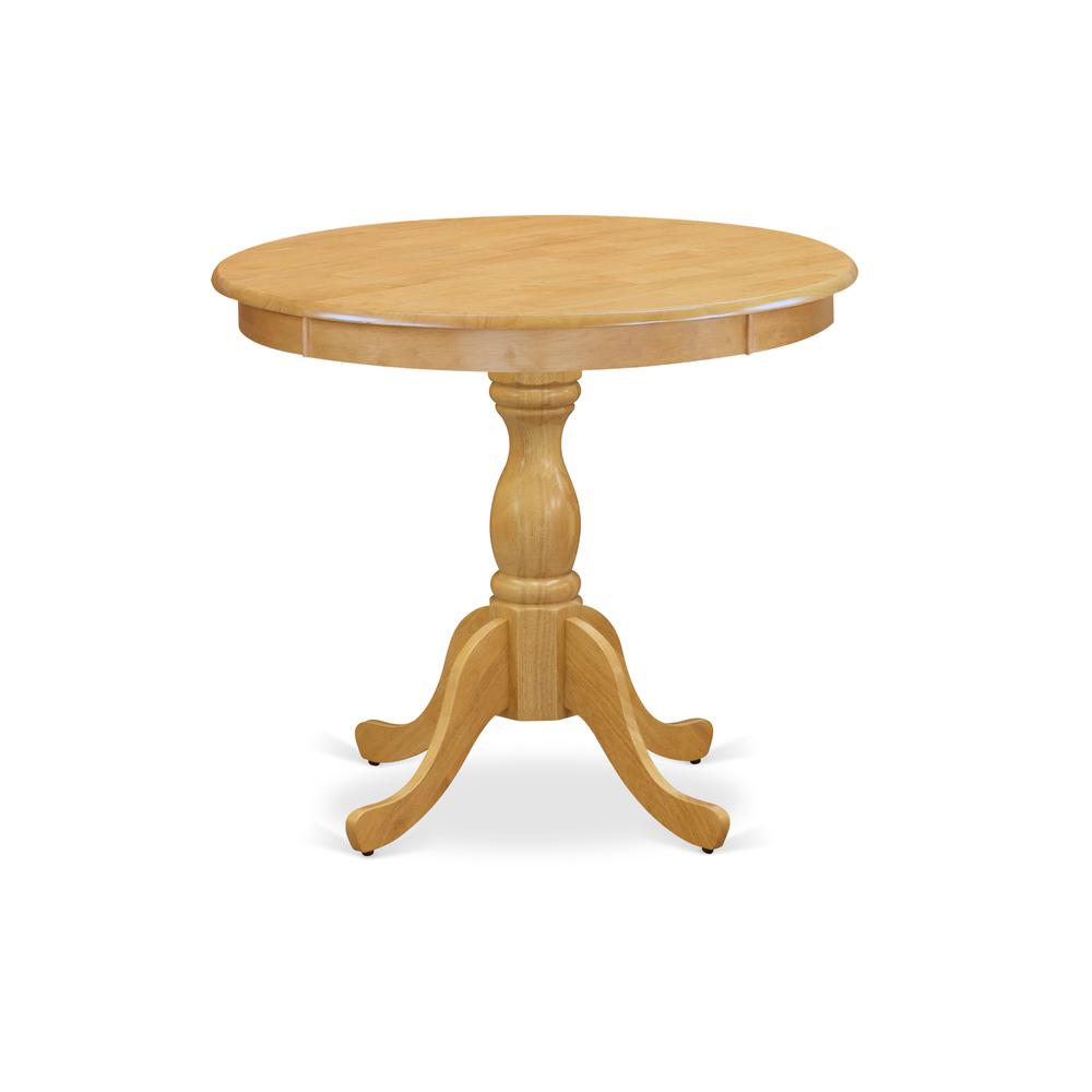 Round Wood Table Oak Color Table Top Surface and Asian Wood Table Pedestal Legs -Oak Finish. Picture 1