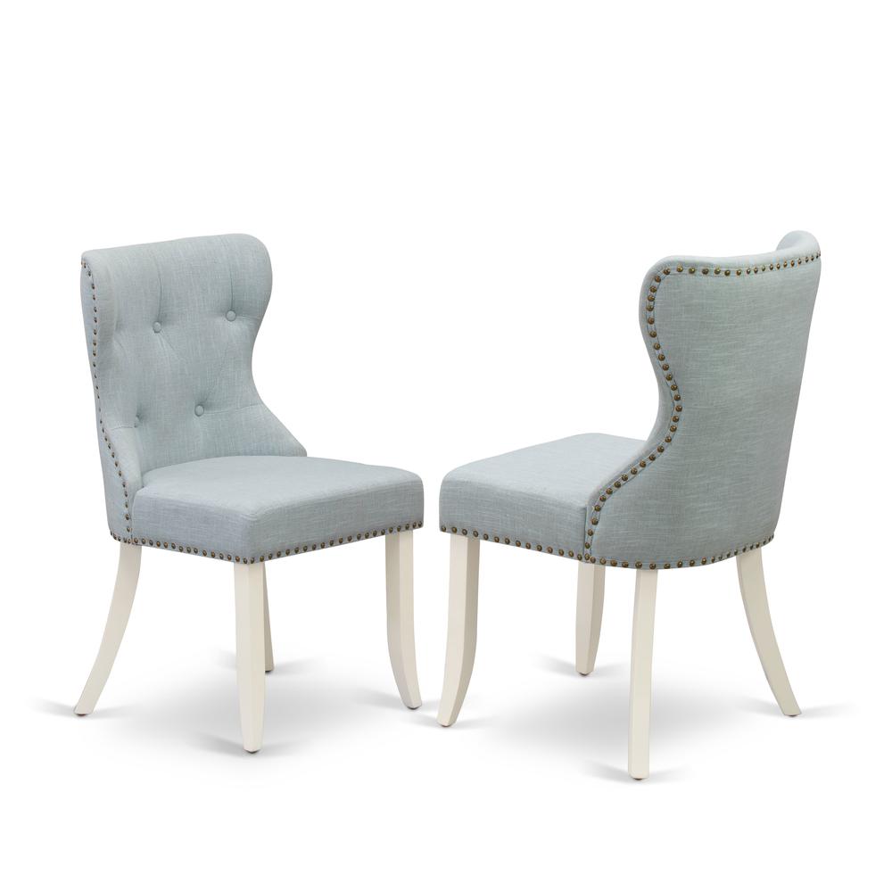 East-West Furniture MZSI5-LWH-15 - A wooden dining table set of 4 wonderful dining room chairs with Linen Fabric Baby Blue color and a beautiful drop leaf rectangle kitchen table with Linen White colo. Picture 3