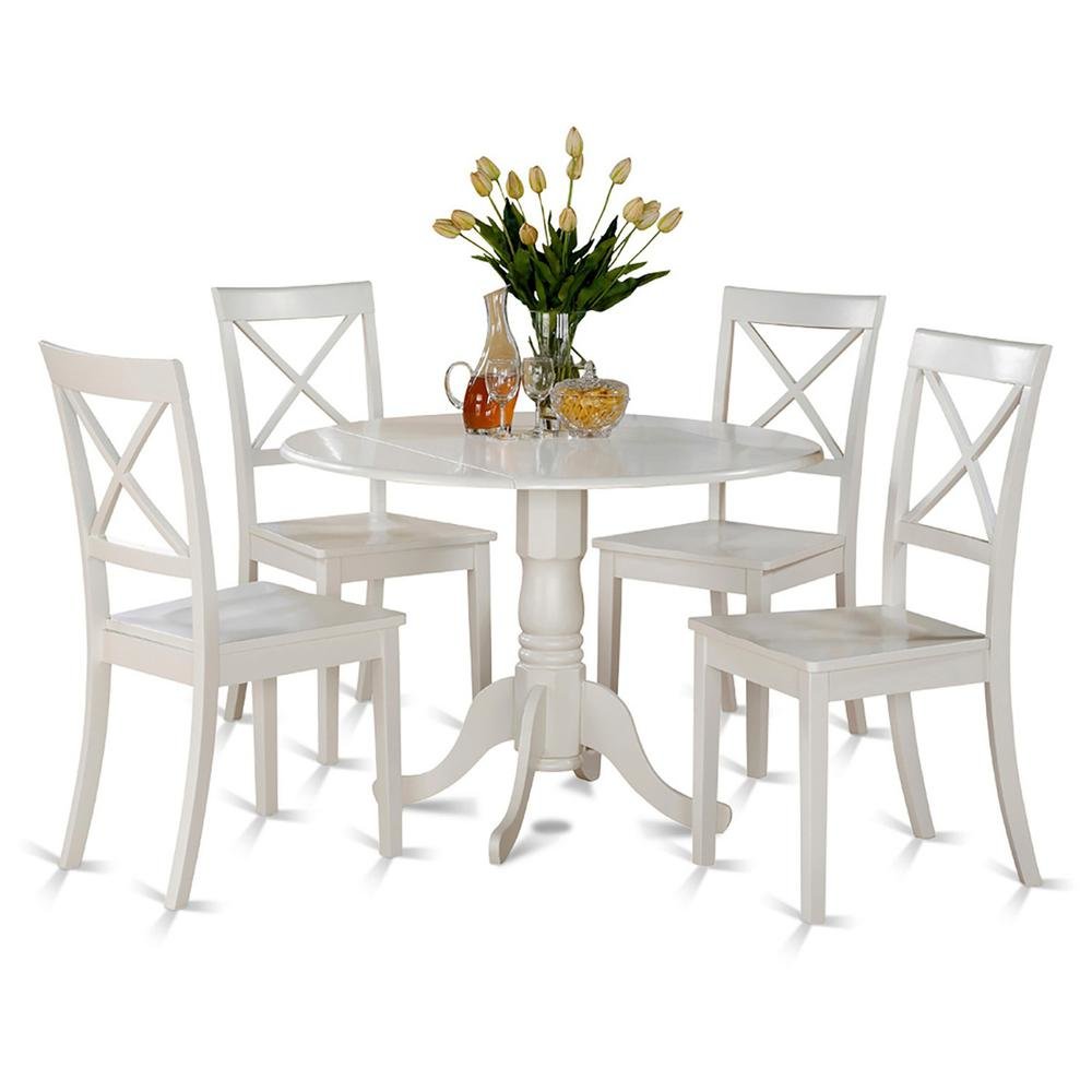 Solid Wood Round Kitchen Table 5-Piece, Drop Leaf, 4 Chairs, Linen White. Picture 1