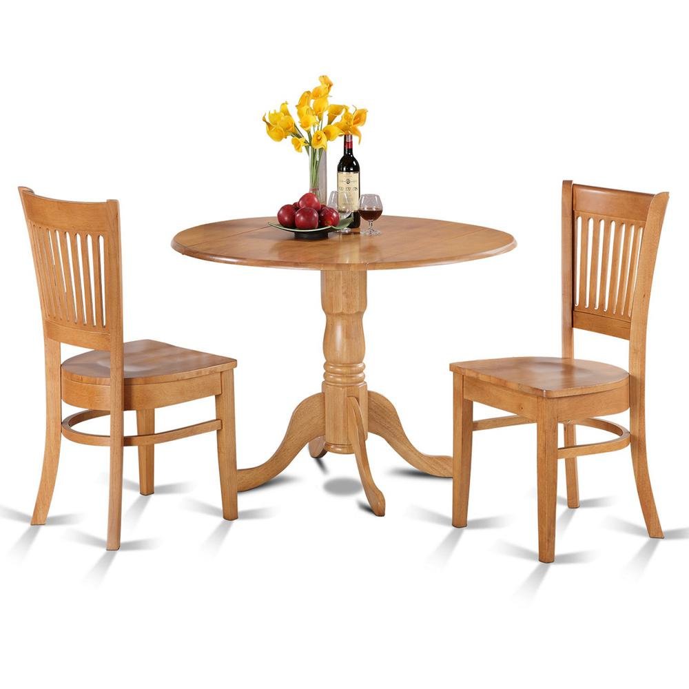 Solid Wood Round Drop-Leaf Kitchen Nook 3-Piece, Slatted Chairs. Picture 1