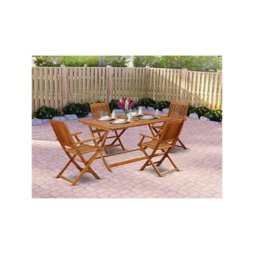 AECM5CANA - 5 Piece Modern Folding Table Set - An Exquisite Dining Table with 4 Outdoor Dining ArmChairs- Natural Oil Finish. Picture 5