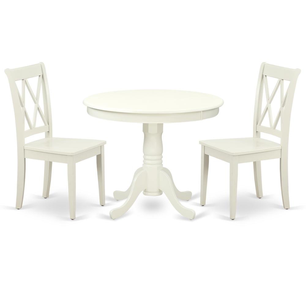 Wood Round Kitchen Table & Chairs 3-Piece, Pedestal Base, Linen White. Picture 1