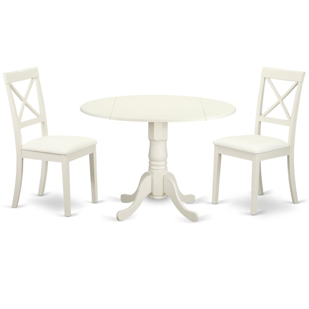 White Dining Set, Round Drop Leaf Table, X-Back Chairs, 2-Person, Faux Leather. Picture 1