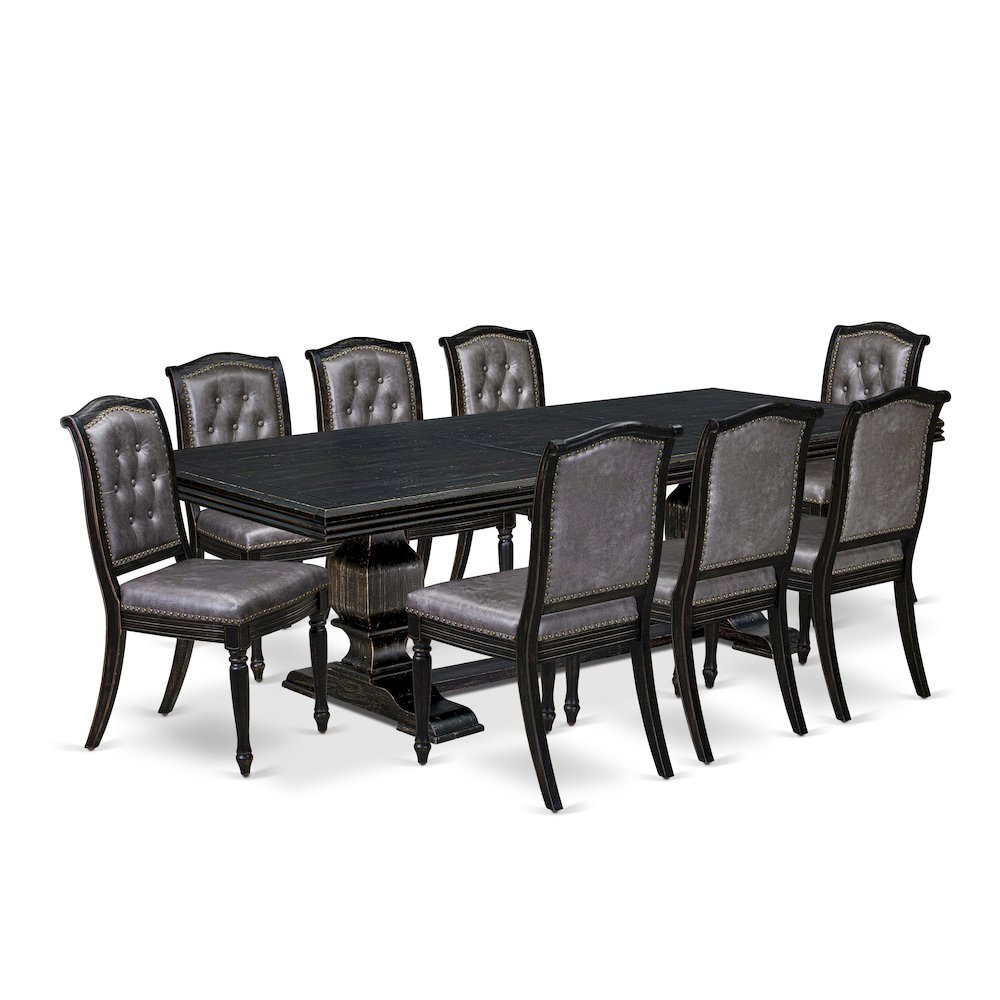 Solid Wood Rectangular Dining Table & Button-Tufted Chairs 9-Piece, Dark Grey. Picture 1