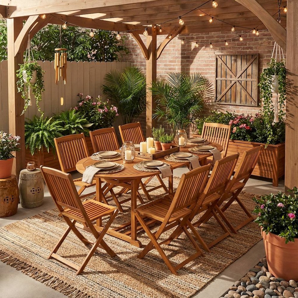 Oil-Finished Wooden Patio Dining Table with 8 Outdoor Side Chairs. Picture 3
