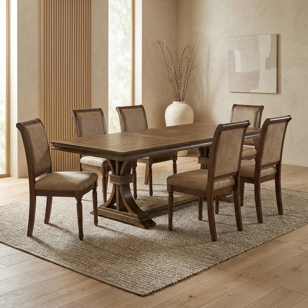 Solid Wood Dining Table 7-Piece with High-Back Upholstered Chairs, Beige. Picture 2