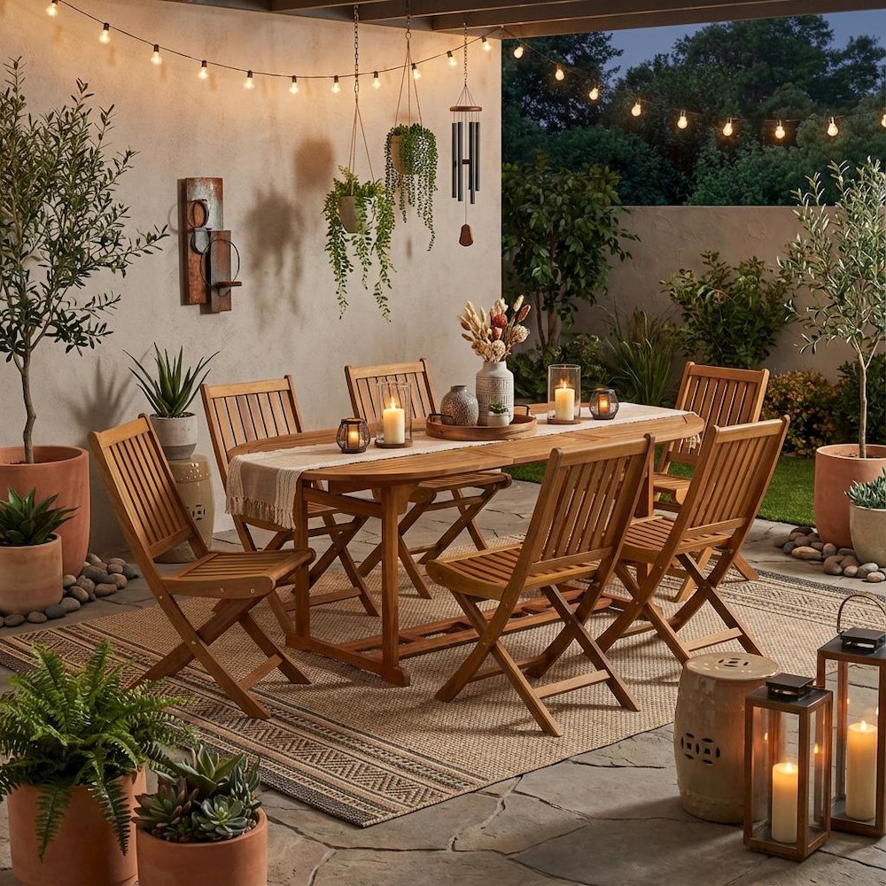 7-Pc Outdoor Set, Oil Finish with 6 Slatted Back Chairs and Round Coffee Table. Picture 3